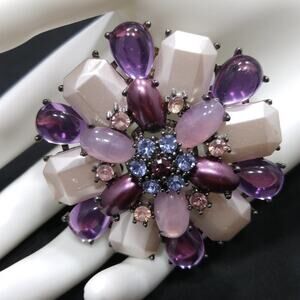 Purple White Cabochons Gunmetal Gray Brooch, Lavender Purple Rhinestones, 2 1/2"